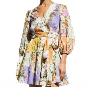 Zimmermann Pattie Floral Wrap Tiered Three-Quarter Sleeve Mini Dress